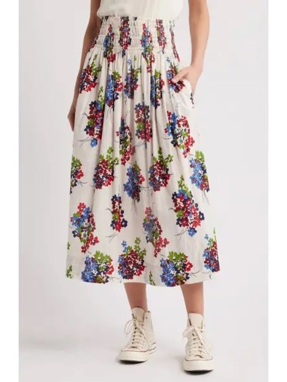 THE GREAT. Viola skirt White Midi Skirt with Red, Blue & Green Floral Print